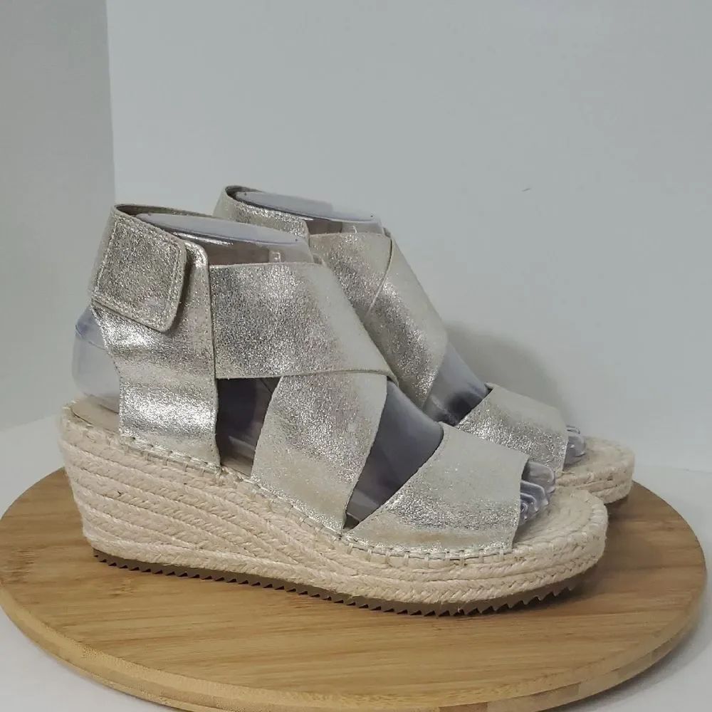 Eileen Fisher Willow Metallic Gold Platform Wedge Espadrille Sandals Women's 7